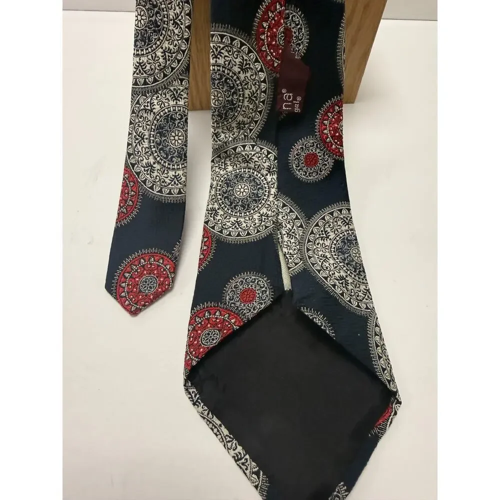 Vintage Medallion Print Wide Tie Navy Red Cream Qiana by Regal Nylon